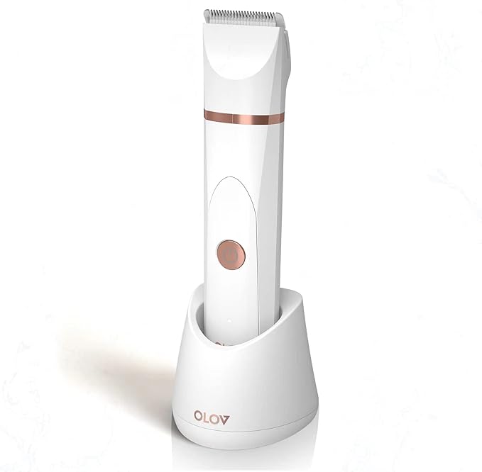 OLOV Electric Body Hair Trimmer - Groin Trimmer for Men - Bikini Trimmer Women - Wet/Dry Shaver Groomer Replaceable Ceramic Blade Heads USB Recharge Dock Waterproof Hygiene Razor White