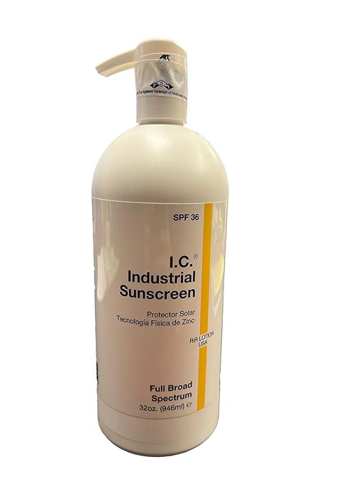 I.C. Industrial Sunscreen Mineral Based SPF 36 Physical Zinc Protection Full Broad Spectrum 80 Minute Sweat &amp Water Resistant Heat Stress Anti-Inflammatory Properties. USA 32oz Bottle (ISSC-32)