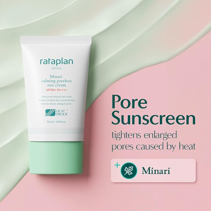 Rataplan Minari Calming Poreless Sun Cream SPF 50+ PA++++ (2 Pack)- Mineral Sunscreen Korean Sunscreen for Oily Skin Pore Minimizer for Face Reef Safe Korean Skincare