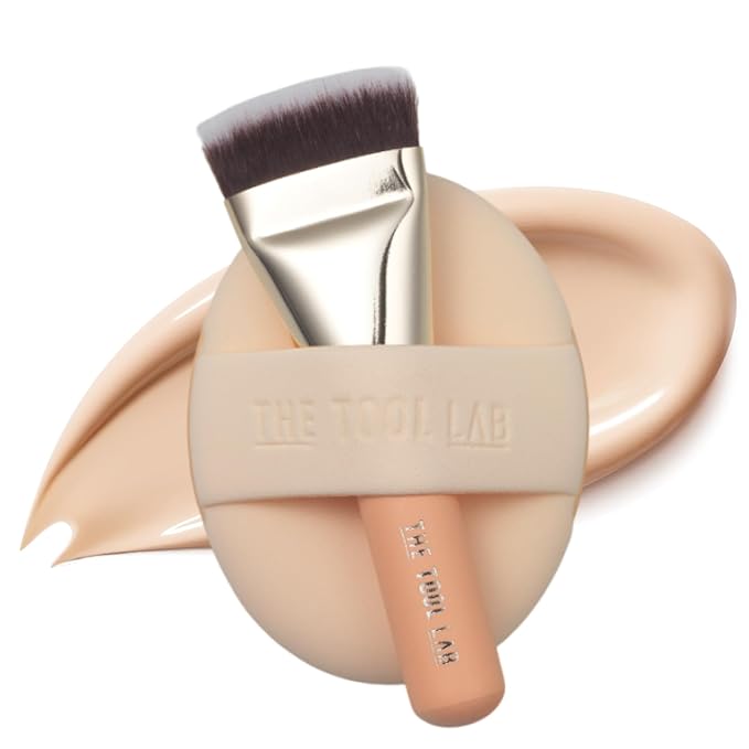 THE TOOL LAB All Day Cover Duo - Premium Base Makeup Set for Liquid Cream Powder Foundation Buffing Blending Face Brush Sponge Portable Case - 1.1 Flat Top Brush