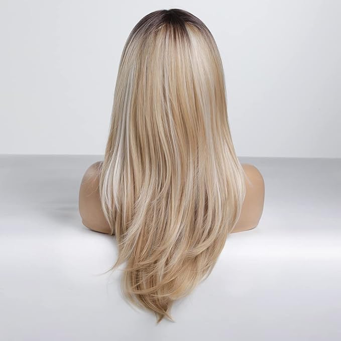 Heat Resistant Wigs Human Hair Mixed Synthetic Long Layered Black Blonde Highlights with Bangs for Women Party Cosplay