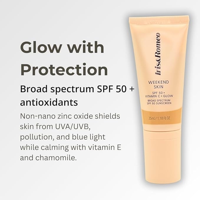 IRIS&ampROMEO Weekend Skin SPF 50 Instant Glow Tinted Mineral Sunscreen with Vitamin C + Niacinamide Full Size 1.18 Oz - Universal Glow (Sheer Luminosity)