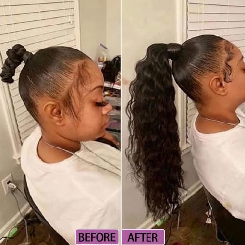 26 Inch Drawstring Human Hair Ponytail Extension Natural Black for Women Water Wave Pony tail Clip in Extensions Corn Wave Ponytail 100% Unprocessed Brazilian Human Hair