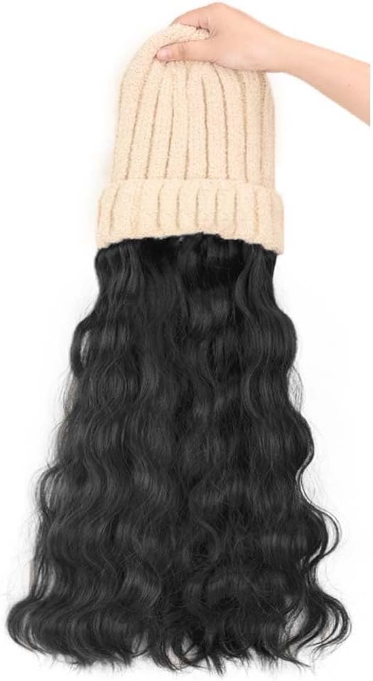Woman Wig Winter Beanie Hat Wig Extension Long Wavy Curly Wig with Plush Knitted Hat Warm Wig