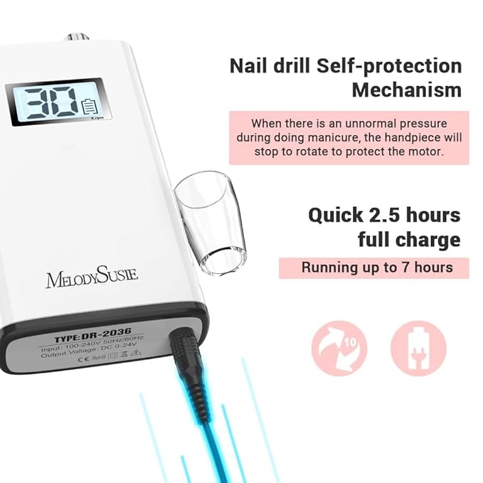 MelodySusie Entry-Level Clip-On Cordless Nail Drill SC320H 30000RPM Popular Classic E-File with LCD Display for Manicure Shaping &amp Gel Removal Perfect for Training Nail Art Practice &amp Home