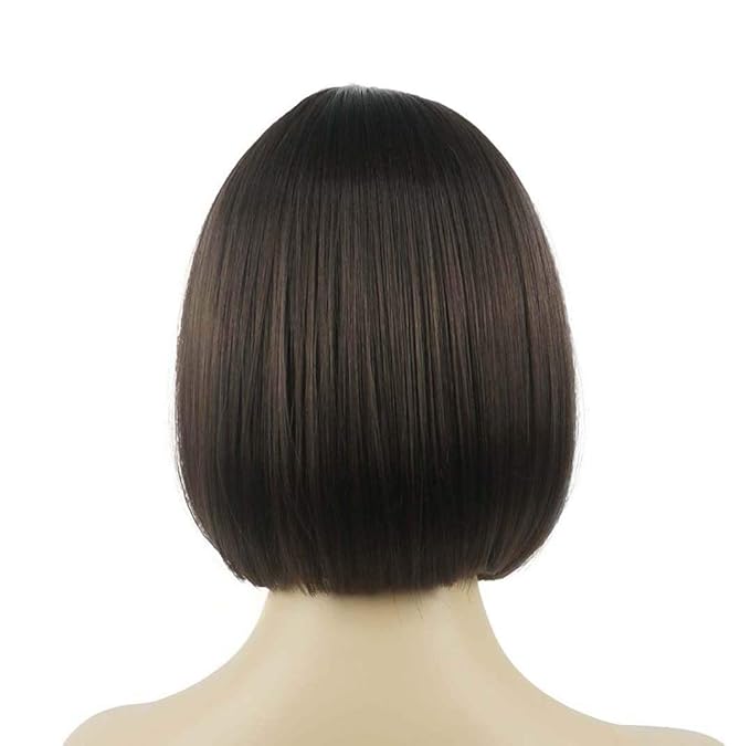 Lydell 8 Straight Short Bob Hair Flat Bangs Cute Central Dot Skin Top Heat Resistant Synthetic Wigs (6 Chestnut Brown)