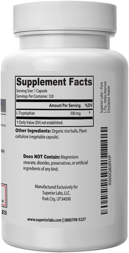 Superior Labs L-Tryptophan 500 mg Capsules Pure Non-GMO Amino Acid High Absorption Supports Sleep and Mood Helps with Occasional Stress PMS Support 120 Veg Caps