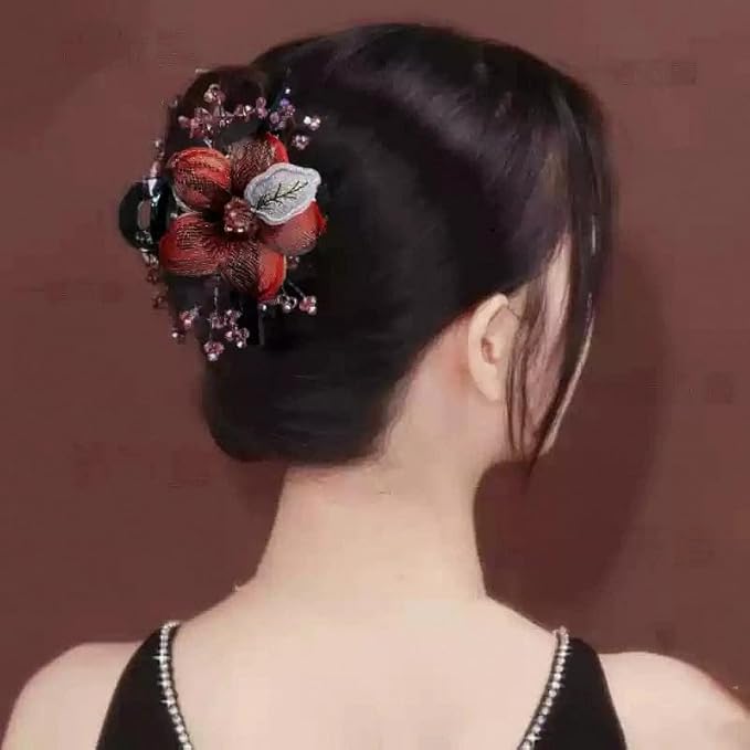 SINIDE Rhinestones Hair Claw Clips Large Copper Wire Flower Clip Barrettes Hand-woven Crystal Claw Jaw Clamp Plastic Wedding Head Piece Styling Accessories for Women Ladies Thick Curly Hair (Red)