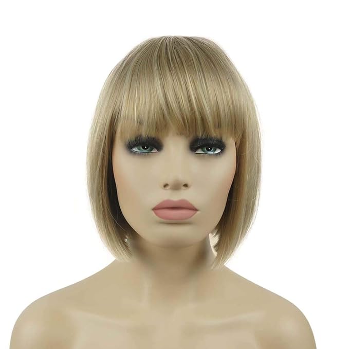 Lydell 8 Straight Short Bob Hair Flat Bangs Cute Central Dot Skin Top Heat Resistant Synthetic Wigs (15BT613 Blonde Mix)