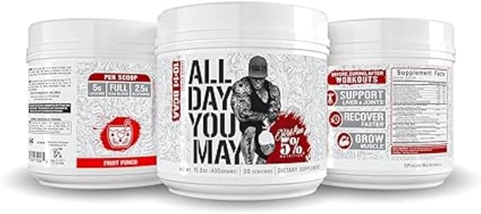 5% Nutrition Rich Piana AllDayYouMay Caffeinated BCAA Powder Premium Intra &amp Post Workout Amino Acids Hydration Endurance Muscle Recovery Joint &amp Liver Support | 16.93 oz 30 Servings Frui