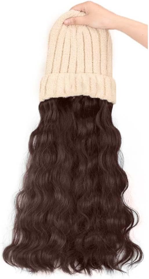 Woman Wig Winter Beanie Hat Wig Extension Long Wavy Curly Wig with Plush Knitted Hat Warm Wig