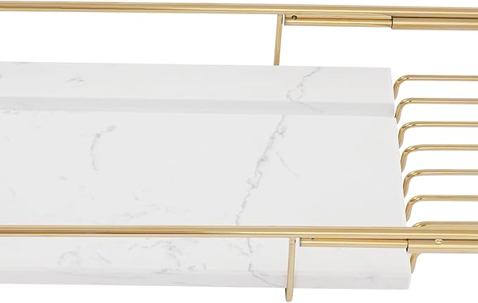 Stainless Steel Bathtub Tray Expandable Marble Bath Tray for Tub 44.09 lbs Capacity Bath Caddy for Bathtub Bathroom Accessories for Home Spa (Gold + White)