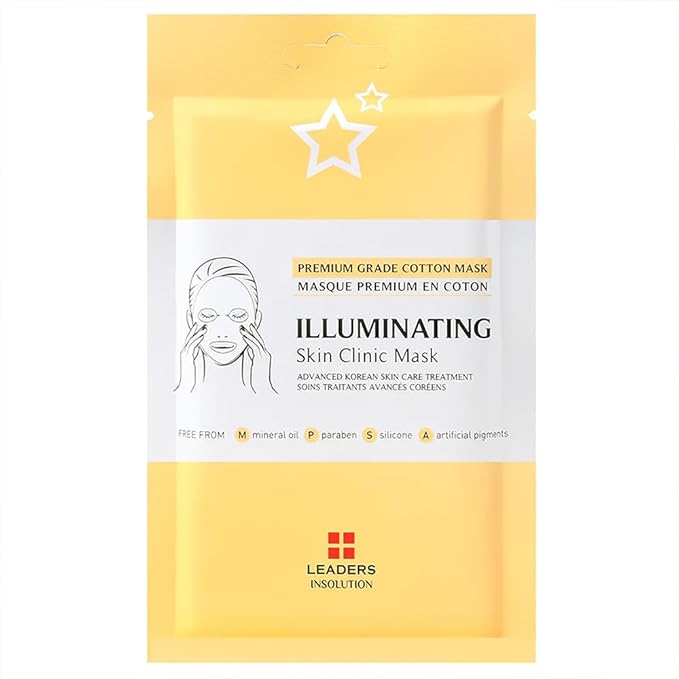 Leaders Insolution Illuminating Skin Clinic Mask | Omega-3 &amp Purslane Extract for Radiant Glow | Niacinamide Brightening Treatment | Even Skin Tone | 100% Natural Cotton (10 Sheets)