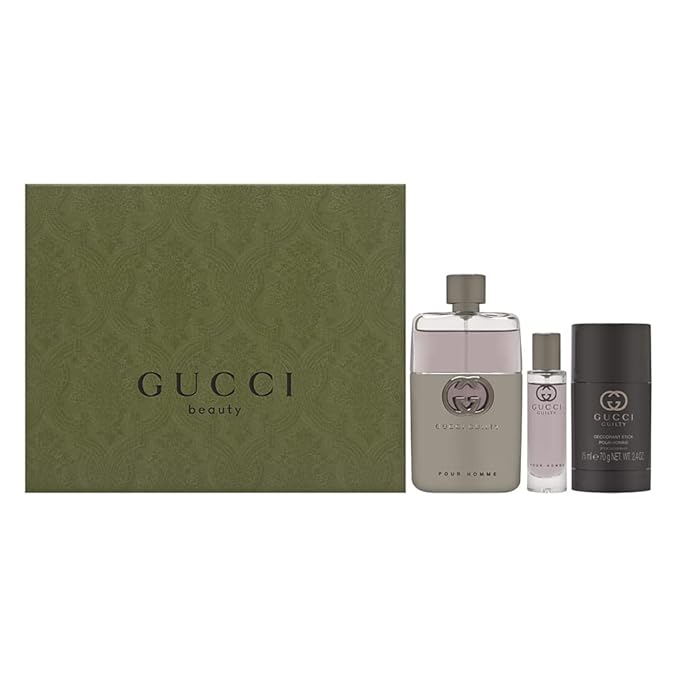 Gucci Guilty 3 Piece Hardbox Gift Set for Men (3 Ounce Eau de Toilette Spray + 2.4 Ounce Deodorant Stick + 0.5 Ounce Eau de Toilette Travel Spray)