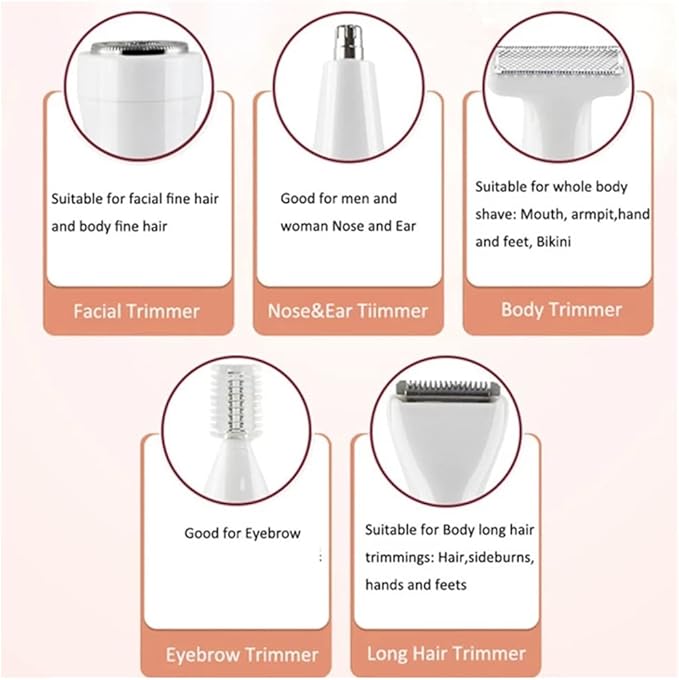 Electric Lady Shaver 5-in-1 Painless Electric Razor for Women Bikini Trimmer Women Body Hair Removal for Legs Arms Underarms Face Eyebrow and Bikini