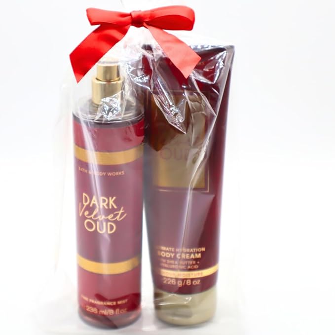 Bath &amp Body Works DARK VELVET OUD Fine Fragrance Mist &amp Ultimate Hydration Body Cream 2-piece Gift Set with a Red Bow for Holidays ? Full Size