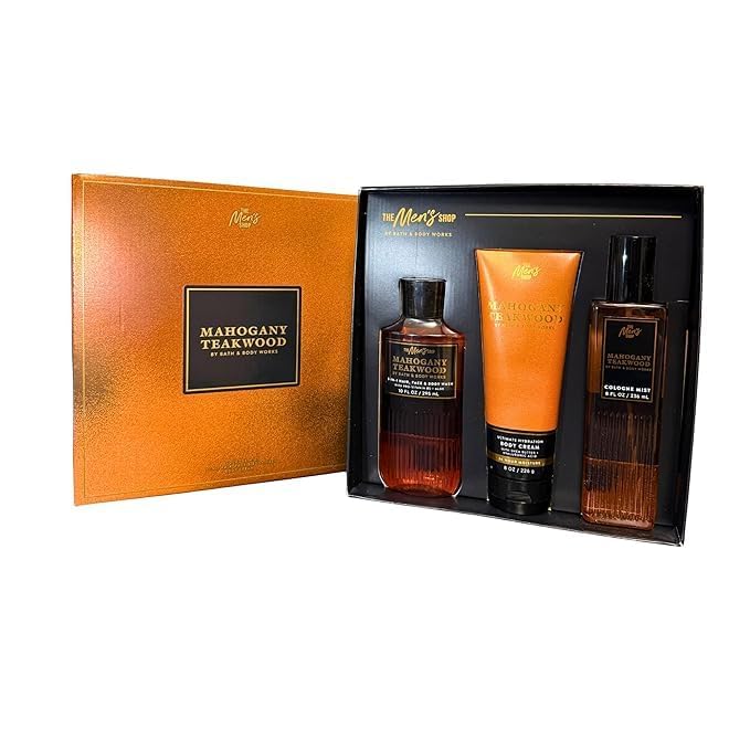 Mahogany Teakwood For Men Gift Set With Cologne Mist Body Cream &amp Body Wash (Full Size).