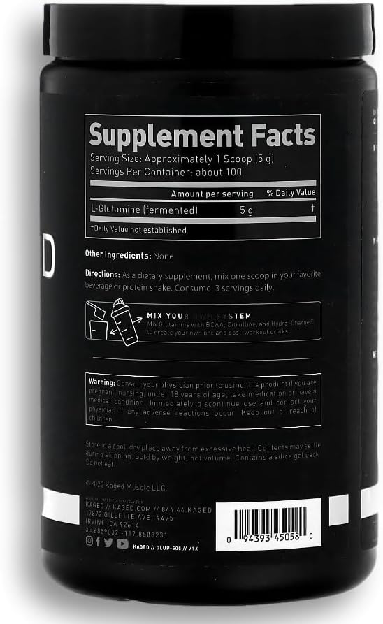 Kaged Muscle L-Glutamine Powder 500 Gram Vegan Support Muscle Recovery Post Workout Glutamine Banned-Substance Free Unflavored 100 Servings