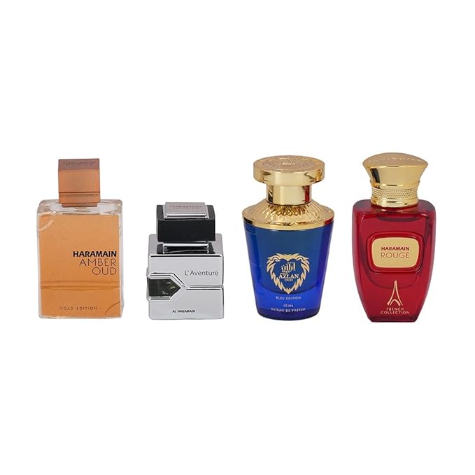 Al Haramain Fragrance Gift Set for Unisex ? 4×10ml Each (Amber Oud Gold Edition + L'aventure + Azlan Oud Bleu Edition + Rouge)