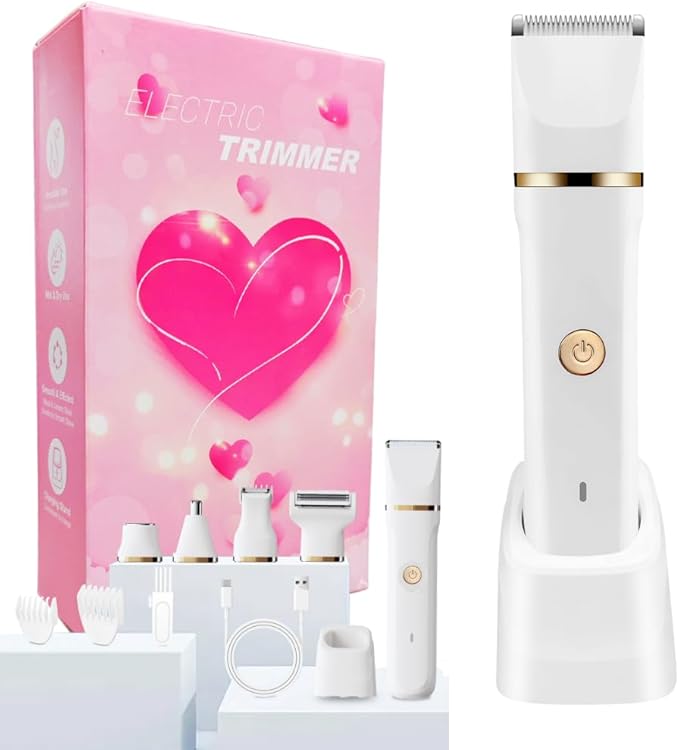 5-in-1 Bikini Trimmer for Women IPX7 Waterproof Women's Electric Razor and Shaver Cordless Facial &amp Pubic Hair Trimmer 5 Interchangeable Heads for All Areas Ceramic Blades USB Charging