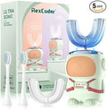 Ultrasonic Kid's U-Shaped Electric Toothbrush IPX7 Waterproof Five Cleaning Modes 60S Smart Reminder (Cartoon AstronautGreen Ages 6-12)