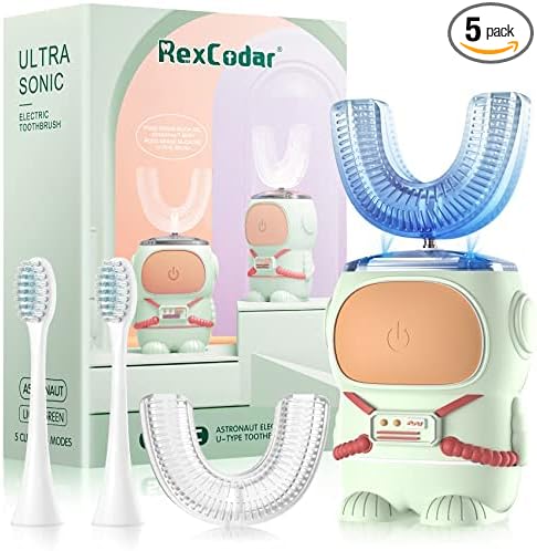 Ultrasonic Kid's U-Shaped Electric Toothbrush IPX7 Waterproof Five Cleaning Modes 60S Smart Reminder (Cartoon AstronautGreen Ages 6-12)