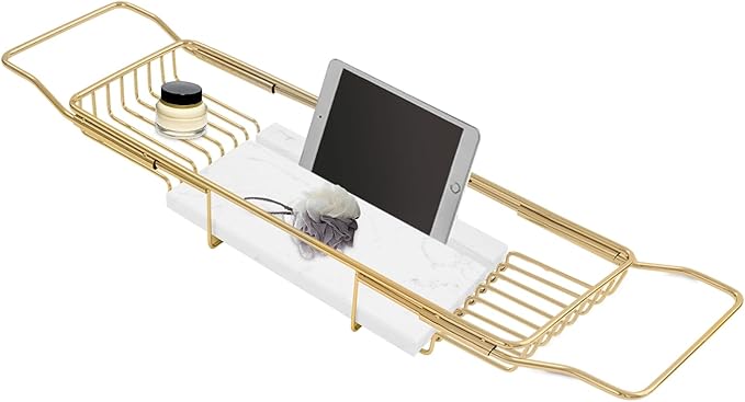 Stainless Steel Bathtub Tray Expandable Marble Bath Tray for Tub 44.09 lbs Capacity Bath Caddy for Bathtub Bathroom Accessories for Home Spa (Gold + White)