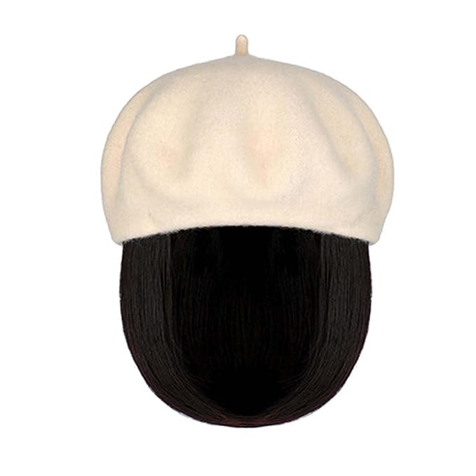 Hat Wig Beret Hat with Hair Extensions Classic French Wool Hat Straight Short Bob Hairpiece Women Bob Wig Hats