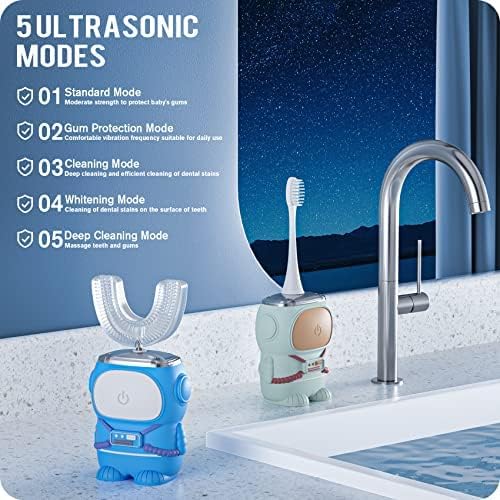 Ultrasonic Kid's U-Shaped Electric Toothbrush IPX7 Waterproof Five Cleaning Modes 60S Smart Reminder (Cartoon AstronautGreen Ages 6-12)