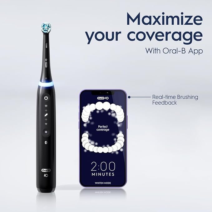 Oral-B iO Series 5 Rechargeable Electric Toothbrush with Visible Pressure Sensor to Protect Gums 2 Minute Timer 5 Cleaning Settings 1 Replacement Toothbrush Heads and Travel Case White