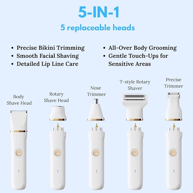 5-in-1 Bikini Trimmer for Women IPX7 Waterproof Women's Electric Razor and Shaver Cordless Facial &amp Pubic Hair Trimmer 5 Interchangeable Heads for All Areas Ceramic Blades USB Charging