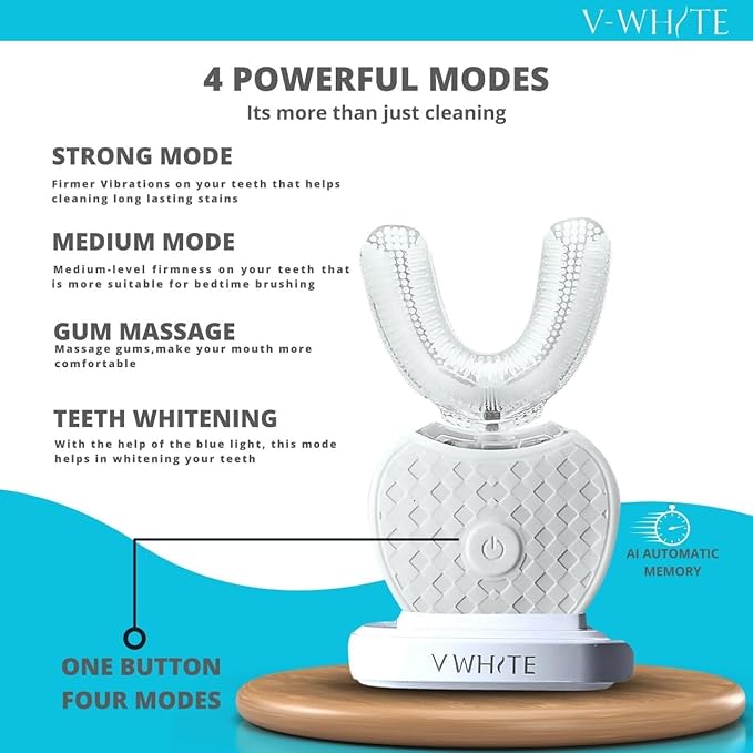 V-WHITE Ultrasonic U-Shaped Toothbrush for Teeth Whitening Electric Toothbrush For Adults - 360° Mouth Cleansing Hands Free Gums Protection - Wireless Charging &amp LED Light -Waterproof IPX7 Certi
