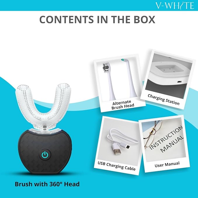 V-WHITE Ultrasonic U-Shaped Toothbrush for Teeth Whitening Electric Toothbrush For Adults - 360° Mouth Cleansing Hands Free Gums Protection - Wireless Charging &amp LED Light -Waterproof IPX7 Certi