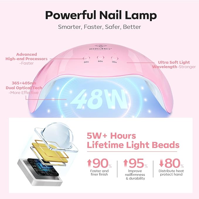 Modelones Poly Nail Gel Kit 6 Colors Poly Extension Gel Clear Pink White with 48W U V/LED Lamp 3D Nail Charms Builder Slip Solution Complete Toe Manicure Supplies Tools for Starter