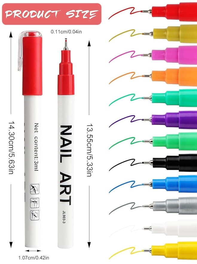 12 Color 3D Nail Art Pens Set Kalolary 0.5MM Nail Pens Nail Point Graffiti Dotting Pen Drawing Painting Liner Brush for DIY Nail Art Beauty Adorn Manicure Tools