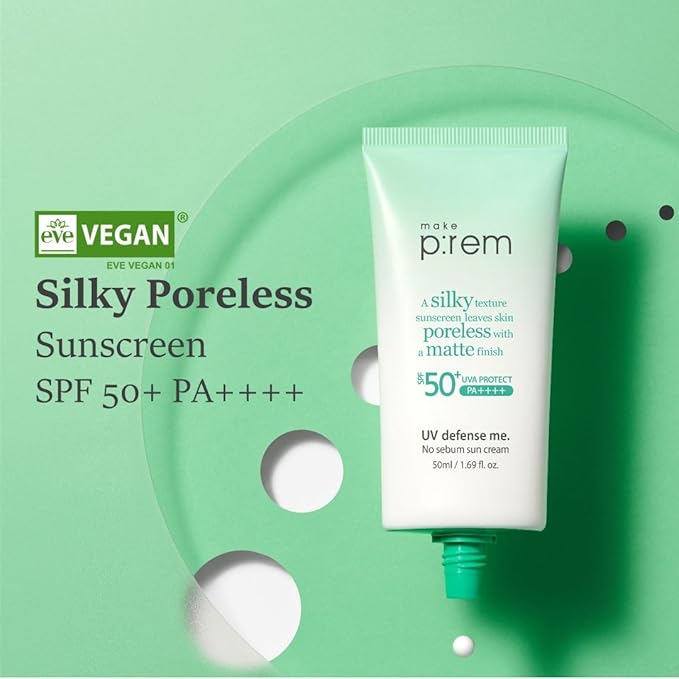 MAKE P:REM UV Defence me. No Sebum Sunscreen SPF 50+ PA++++ Reef-Safe Silky Texture with Poreless and Matte Finish UVA/UVB Protection Korean Sunscreen 1.69 fl. oz. (50ml)