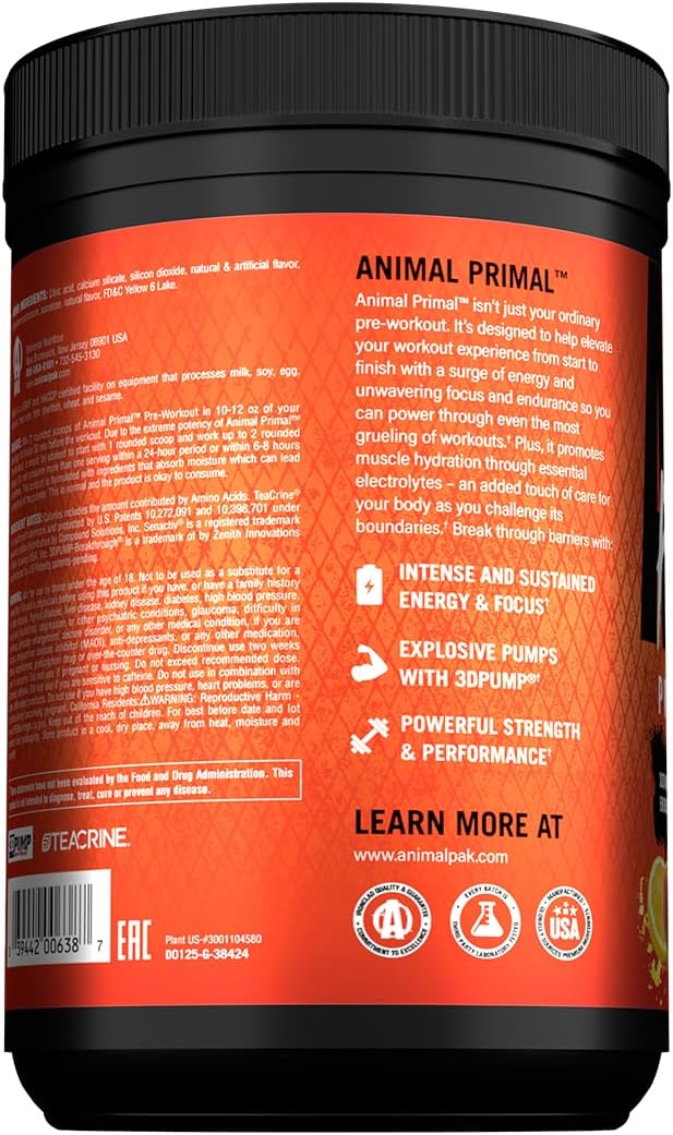 Animal Primal Muscle Hydration + Preworkout Powder ? Contains Beta Alanine 3DPump Caffeine &amp Electrolytes ? Improves Energy Focus Endurance &amp Absorption ? New Wick?™d Peach Flavor 16.75 oz