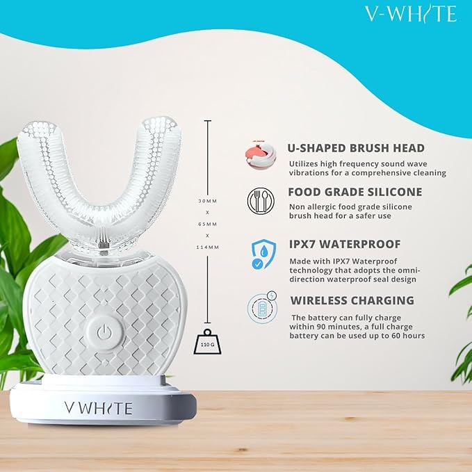 V-WHITE Ultrasonic U-Shaped Toothbrush for Teeth Whitening Electric Toothbrush For Adults - 360° Mouth Cleansing Hands Free Gums Protection - Wireless Charging &amp LED Light -Waterproof IPX7 Certi