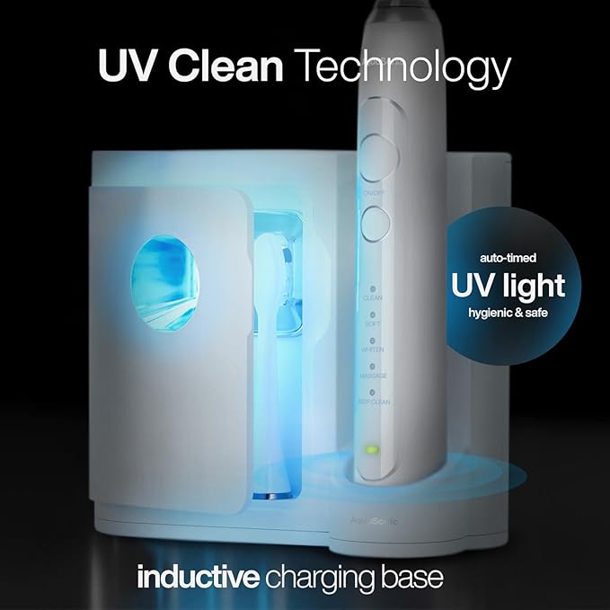 Aquasonic Vibe Series PRO ? Ultra-Whitening Electric Toothbrush ? 5 Modes &amp Smart Timers ? UV Sanitizing Base ? ADA Accepted (Optic White)