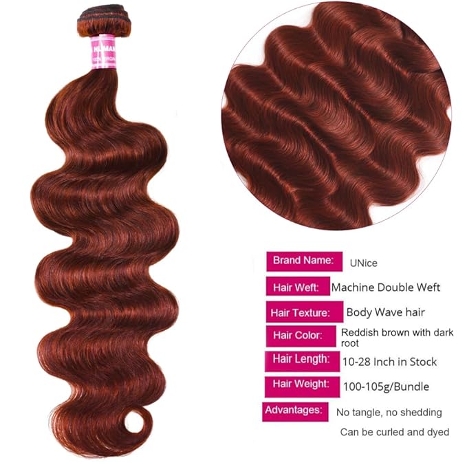 UNICE Reddish Brown Body Wave Human Hair Weave 4 Bundles 14 16 18 20 inch Brazilian Remy Hair Auburn Brown Copper Red Human Hair Wavy Weaves for Sew in Extensions 33B Color
