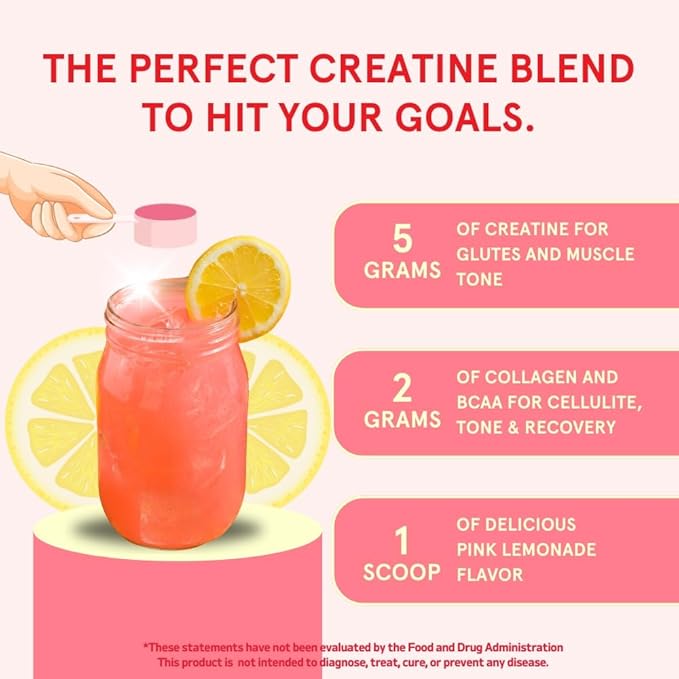 Peach Perfect Creatine Blend for Women ? Micronized Creatine Monohydrate with BCAA &amp Collagen for Glute Strength Support ? Pink Lemonade ? 30 Servings