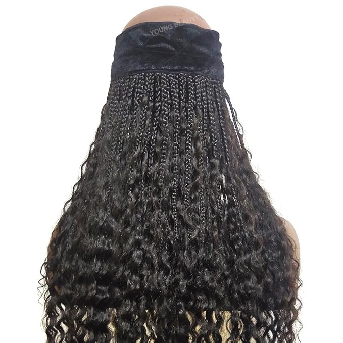 Boho Box Braids Band Wig with Human Hair Curly Ends Grab &amp Go Boho Band Braids Hair Extensions Goddess Boho Briaded Hat Wigs without Cap 12inch Natural Black