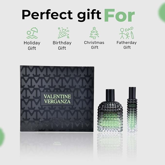 Valentine Verganza Men's Cologne Premium Glass Bottle with Oriental Notes Eau de Parfum and 3.4 Fl Oz / 100ML + 30ML Travel Spray Fragrance Gift Set