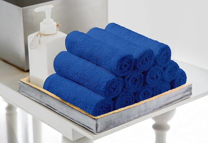 Avalon Towels Cotton Washcloths ? (Pack of 60) Size 12x12 Inches 100% Ring Spun Cotton Soft &amp Absorbent Face Towels Gym Towels Hotel and Spa Quality Reusable Fingertip Towels (Blue)