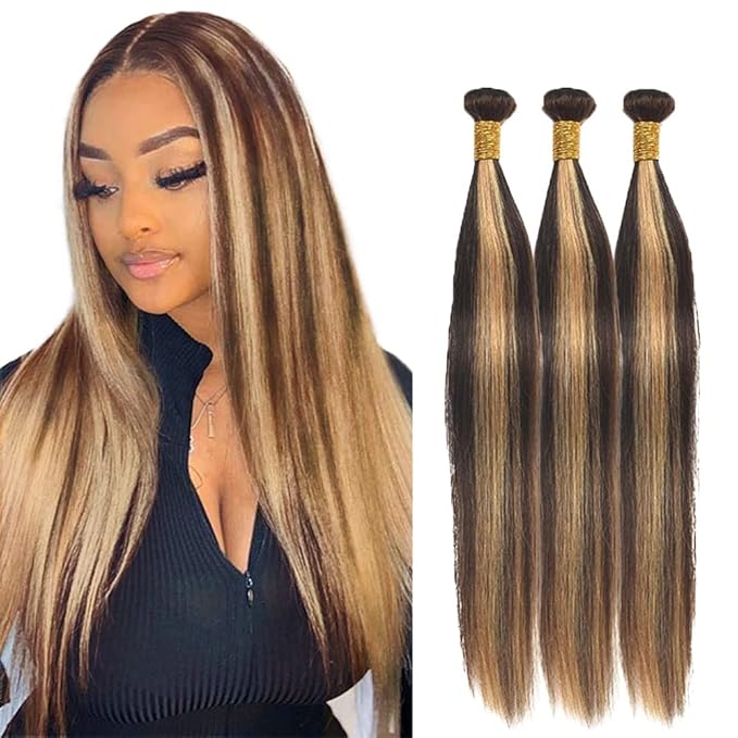 P427 Highlight Blonde Bundles Human Hair Brown Straight 3 Bundles 20 22 24 Inch Unprocessed Brazilian Virgin Remy Honey Blonde Straight Bundle Human Hair Extensions