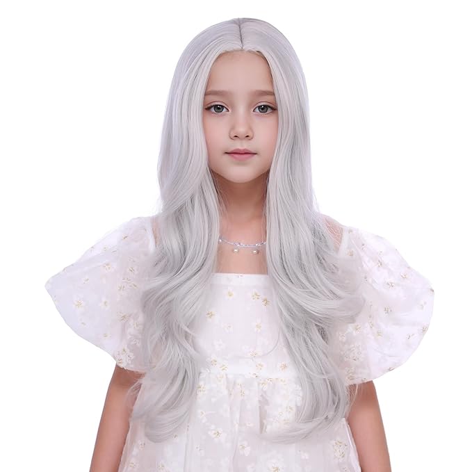 Sliver Gray Wig for Girls Child Long Slive Grey Wavy Curly Wig Kids Long Middle Part Wigs Heat Resistant Synthetic Wigs with Cap