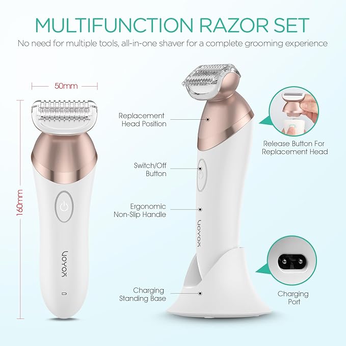 VOYOR Electric Razors for Women 4 in 1 Bikini Trimmer Foil Shaver for Women 4 Replacement Heads for Body Pubic Hair Trimmer Cleansing Massage 2 Adjustable Speeds Rechargeable Shaver ES501 (Gold)