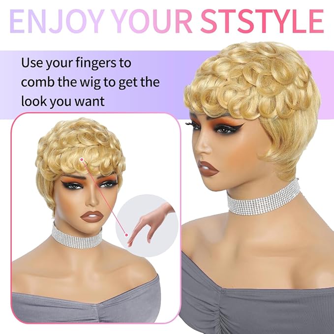 Breathable And Lightweight Wine Red/99J Human Hair Wig Short Curly Pixie Short Hairstyle With Layered Curls And Glue-Free Design For A Natural Look (4 InchBlonde)