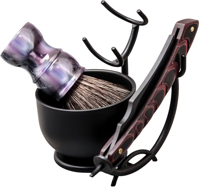Grandslam Shaving Kit - Straight Razor Leather Strop Bowl &amp Stand Shaving Brush Soap - Gift for Men