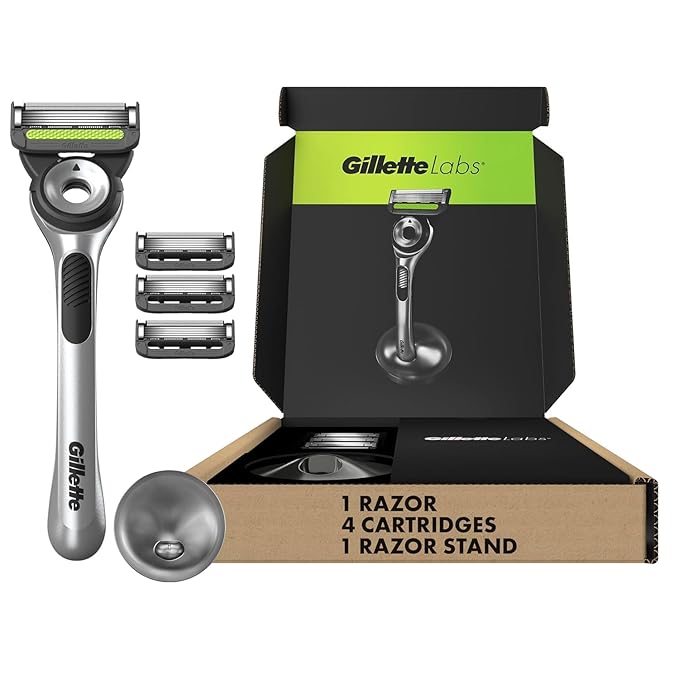 GilletteLabs with Exfoliating Bar by Gillette Razor for Men - 1 Handle 4 Razor Blade Refills Holiday Gifts for Men Includes Premium Magnetic Stand